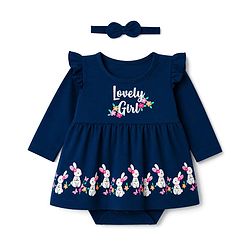 Babyhug 100% Cotton Interlock Knit Full Sleeves Text & Bunny Printed Onesie With Hairband - Navy