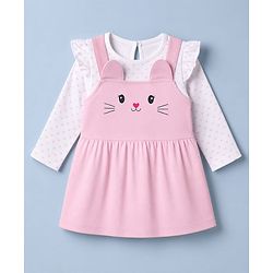 Babyhug 100% Cotton Knit Full Sleeves Hearts Printed Tee & Frock Style Onesie Set - Pink