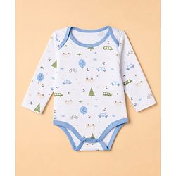 Babyhug 100% Cotton Interlock Knit Full Sleeves Onesies with Leggings & Cap Mittens & Booties With Vehicle Print - Light Blue