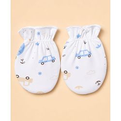 Babyhug 100% Cotton Interlock Knit Full Sleeves Onesies with Leggings & Cap Mittens & Booties With Vehicle Print - Light Blue