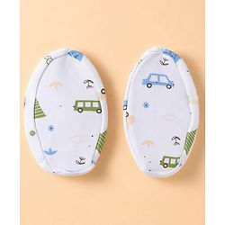 Babyhug 100% Cotton Interlock Knit Full Sleeves Onesies with Leggings & Cap Mittens & Booties With Vehicle Print - Light Blue