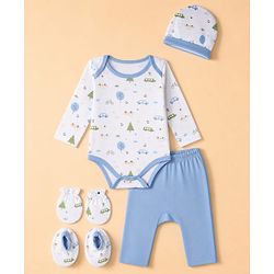 Babyhug 100% Cotton Interlock Knit Full Sleeves Onesies with Leggings & Cap Mittens & Booties With Vehicle Print - Light Blue