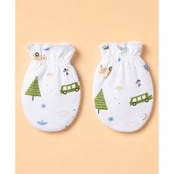 Babyhug 100% Cotton Interlock Knit Full Sleeves Onesies with Leggings & Cap Mittens & Booties With Vehicle Print - Light Blue