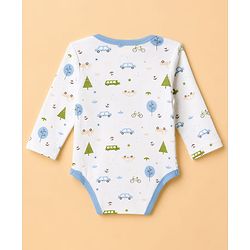 Babyhug 100% Cotton Interlock Knit Full Sleeves Onesies with Leggings & Cap Mittens & Booties With Vehicle Print - Light Blue