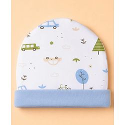 Babyhug 100% Cotton Interlock Knit Full Sleeves Onesies with Leggings & Cap Mittens & Booties With Vehicle Print - Light Blue