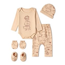 Babyhug 100% Cotton Interlock Knit Full Sleeves Animal Printed Onesies With Leggings & Cap Mittens and Booties Set - Beige