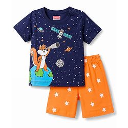 Babyhug Cotton Knit Half Sleeves Space Theme Printed T-Shirt & Shorts Night Suit - Navy