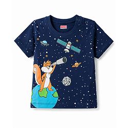 Babyhug Cotton Knit Half Sleeves Space Theme Printed T-Shirt & Shorts Night Suit - Navy