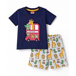 Babyhug Cotton Knit Half Sleeves Safari Printed T-Shirt & Shorts Night Suit -Navy