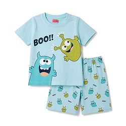 Babyhug Cotton Knit Half Sleeves Monster Printed T-Shirt & Shorts Night Suit -Blue