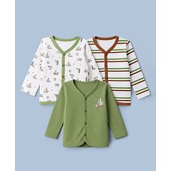 Babyhug 100% Cotton Interlock Knit Full Sleeves Striped & Boat Printed Jhablas Pack of 3 - White & Green