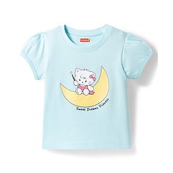 Babyhug 100% Cotton Knit Half Sleeves T-Shirt & Shorts Night Suit With Star & Kitten Print - Blue & Pink