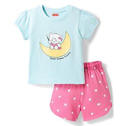 Babyhug 100% Cotton Knit Half Sleeves T-Shirt & Shorts Night Suit With Star & Kitten Print - Blue & Pink