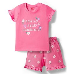 Babyhug 100% Cotton Knit Half Sleeves T-Shirt & Shorts Night Suit With Floral Print - Pink