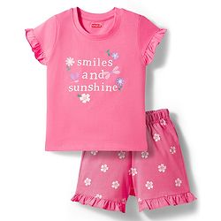 Babyhug 100% Cotton Knit Half Sleeves T-Shirt & Shorts Night Suit With Floral Print - Pink