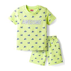 Babyhug Cotton Knit Half Sleeves Sea Life Printed Co-Ords T-Shirt & Shorts Night Suit - Lime Green