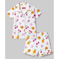 Babyhug 100% Cotton Knit Half Sleeves Tropical Theme Printed Co-Ords Shirt & Shorts Night Suit - White