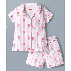 Babyhug Cotton Knit Half Sleeves Floral & Striped Co-Ords Shirt & Shorts Night Suit - Pink