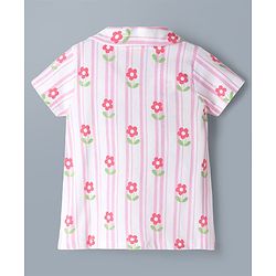 Babyhug Cotton Knit Half Sleeves Floral & Striped Co-Ords Shirt & Shorts Night Suit - Pink