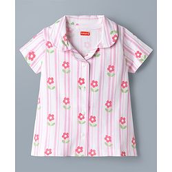 Babyhug Cotton Knit Half Sleeves Floral & Striped Co-Ords Shirt & Shorts Night Suit - Pink
