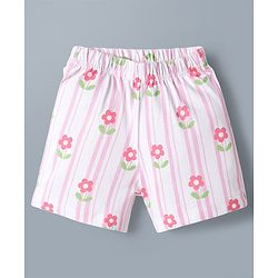 Babyhug Cotton Knit Half Sleeves Floral & Striped Co-Ords Shirt & Shorts Night Suit - Pink