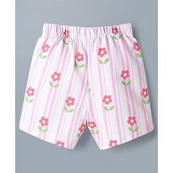 Babyhug Cotton Knit Half Sleeves Floral & Striped Co-Ords Shirt & Shorts Night Suit - Pink