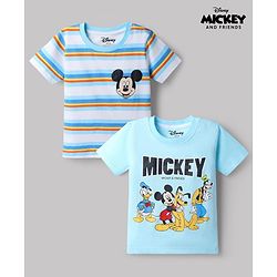 Babyhug Disney Single Jersey Knit Half Sleeve T-shirt With Mickey Mouse Graphics Pack of 2 - Blue & Light Blue