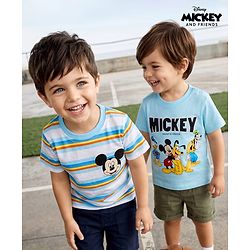 Babyhug Disney Single Jersey Knit Half Sleeve T-shirt With Mickey Mouse Graphics Pack of 2 - Blue & Light Blue