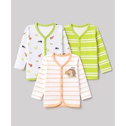 Babyhug 100% Cotton Knit Full Sleeves Animal & Stripe Printed Jhablas Pack of 3 - Green white & Pink