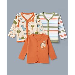 Babyhug 100% Cotton Interlock Knit Full Sleeves Stripe & Dinosaur Printed Jhablas Pack of 3 - Orange Blue & White