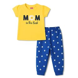 Babyhug 100% Cotton Knit Half Sleeves T-Shirt & Pyjama Night Suit With Text & Floral Print - Yellow