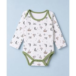 Babyhug 100% Cotton Interlock Knit Full Sleeves Striped Onesies With Boat Print Pack of 3 - White & Green