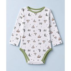 Babyhug 100% Cotton Interlock Knit Full Sleeves Striped Onesies With Boat Print Pack of 3 - White & Green