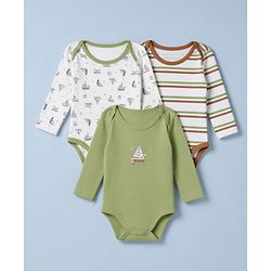 Babyhug 100% Cotton Interlock Knit Full Sleeves Striped Onesies With Boat Print Pack of 3 - White & Green