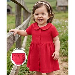 Babyhug Waffle Knit Half Sleeves Solid Textured Frock With Bloomer - Red