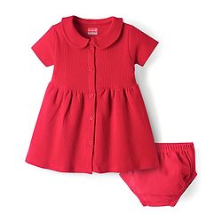 Babyhug Waffle Knit Half Sleeves Solid Textured Frock With Bloomer - Red
