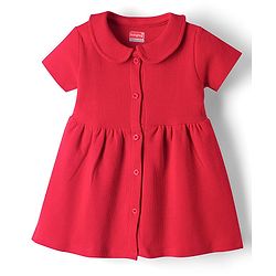 Babyhug Waffle Knit Half Sleeves Solid Textured Frock With Bloomer - Red