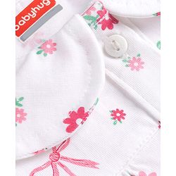 Babyhug 100% Cotton Knit Half Sleeves Top & Pyjama Co-ords Night Suit With Floral Print - White
