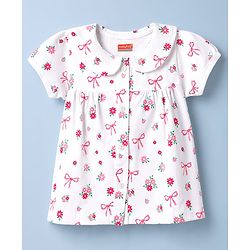 Babyhug 100% Cotton Knit Half Sleeves Top & Pyjama Co-ords Night Suit With Floral Print - White