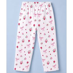 Babyhug 100% Cotton Knit Half Sleeves Top & Pyjama Co-ords Night Suit With Floral Print - White