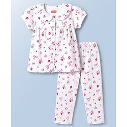 Babyhug 100% Cotton Knit Half Sleeves Top & Pyjama Co-ords Night Suit With Floral Print - White