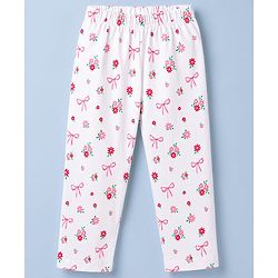 Babyhug 100% Cotton Knit Half Sleeves Top & Pyjama Co-ords Night Suit With Floral Print - White