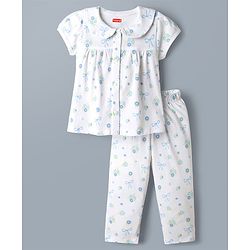 Babyhug 100% Cotton Knit Half Sleeves Peter Pan Collared Co-Ord Top & Pyjama Night Suit With Bow & Floral Print - White