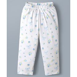 Babyhug 100% Cotton Knit Half Sleeves Peter Pan Collared Co-Ord Top & Pyjama Night Suit With Bow & Floral Print - White
