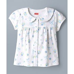 Babyhug 100% Cotton Knit Half Sleeves Peter Pan Collared Co-Ord Top & Pyjama Night Suit With Bow & Floral Print - White