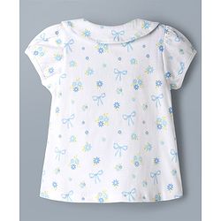 Babyhug 100% Cotton Knit Half Sleeves Peter Pan Collared Co-Ord Top & Pyjama Night Suit With Bow & Floral Print - White