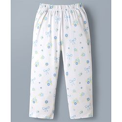 Babyhug 100% Cotton Knit Half Sleeves Peter Pan Collared Co-Ord Top & Pyjama Night Suit With Bow & Floral Print - White