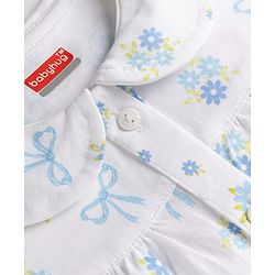 Babyhug 100% Cotton Knit Half Sleeves Peter Pan Collared Co-Ord Top & Pyjama Night Suit With Bow & Floral Print - White