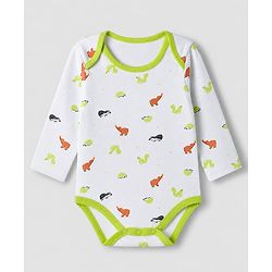 Babyhug 100% Cotton Interlock Knit Full Sleeves Striped Onesies With Animal Print Pack of 3 - White, Light Green & Orange