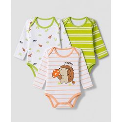 Babyhug 100% Cotton Interlock Knit Full Sleeves Striped Onesies With Animal Print Pack of 3 - White, Light Green & Orange